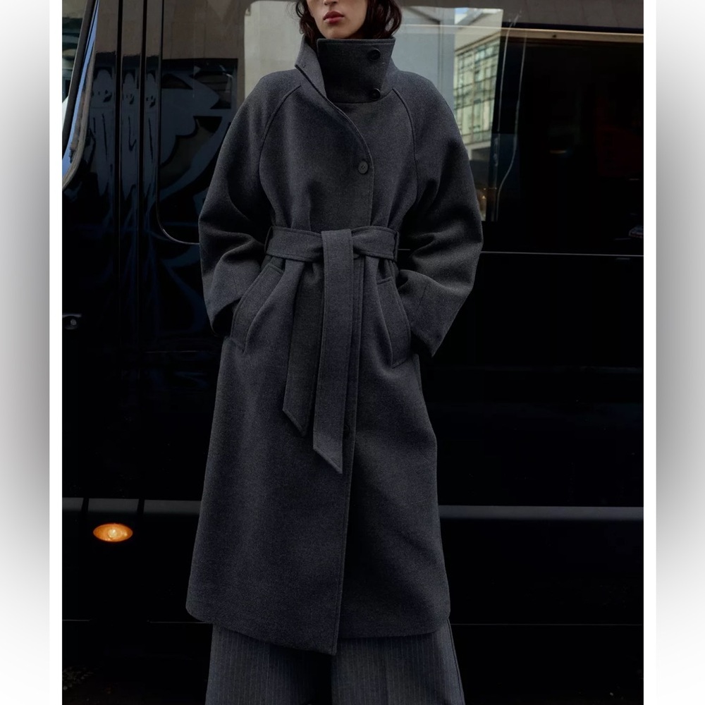 Zara Dark Gray Belted Funnel Neck Coat NWT